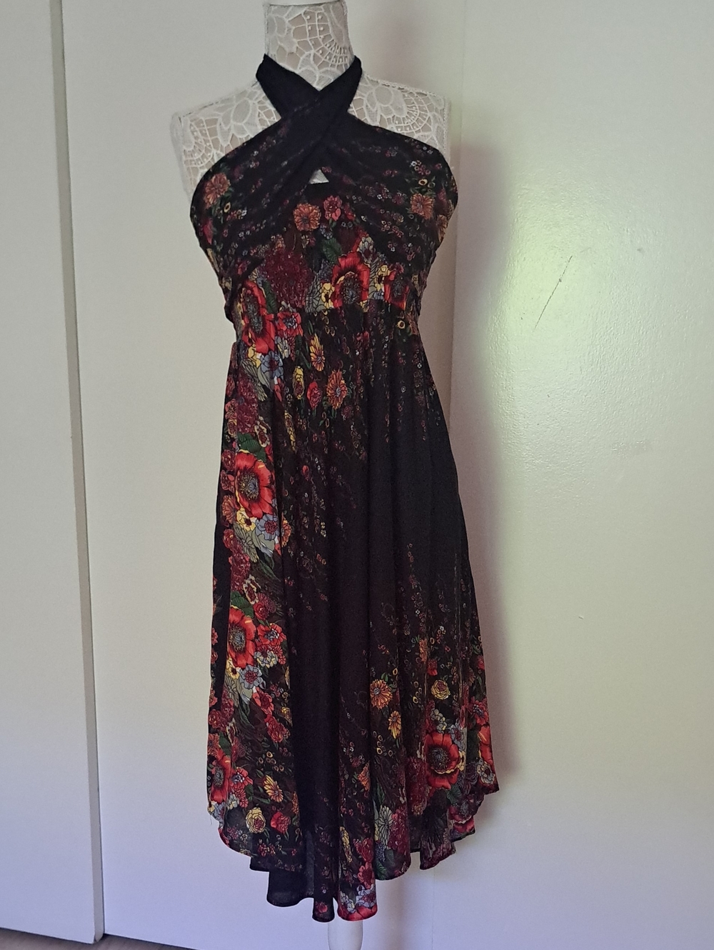 Bangkok Pants Women’s One-Shoulder Black Floral Smocked  Midi Dress